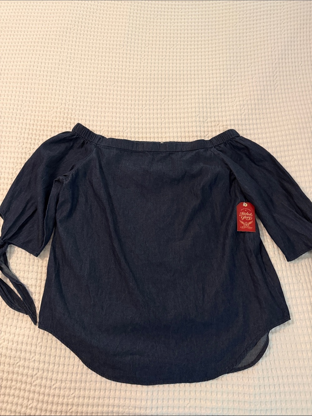 Faded Glory Dark Wash Off-Shoulder Tie-Sleeve Top